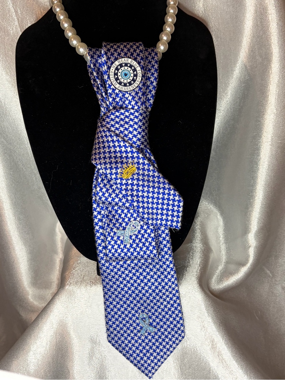 Blue Patterned women’s tie with Auti Awareness Ribbon Accents